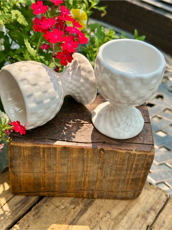 Unknown Other - Pair White Ceramic Basket Weave Egg Cups Egg Holders Cottage